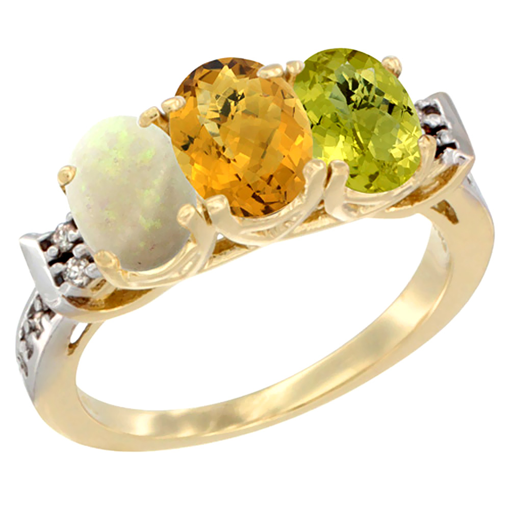 10K Yellow Gold Natural Opal, Whisky Quartz & Lemon Quartz Ring 3-Stone Oval 7x5 mm Diamond Accent, sizes 5 - 10