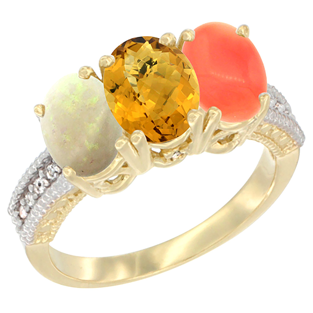 14K Yellow Gold Natural Opal, Whisky Quartz &amp; Coral Ring 3-Stone 7x5 mm Oval Diamond Accent, sizes 5 - 10