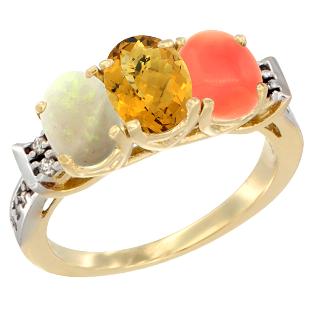 14K Yellow Gold Natural Opal, Whisky Quartz &amp; Coral Ring 3-Stone Oval 7x5 mm Diamond Accent, sizes 5 - 10