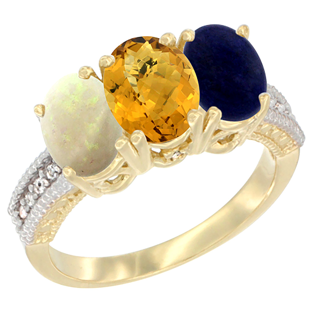 10K Yellow Gold Diamond Natural Opal, Whisky Quartz &amp; Lapis Ring 3-Stone 7x5 mm Oval, sizes 5 - 10