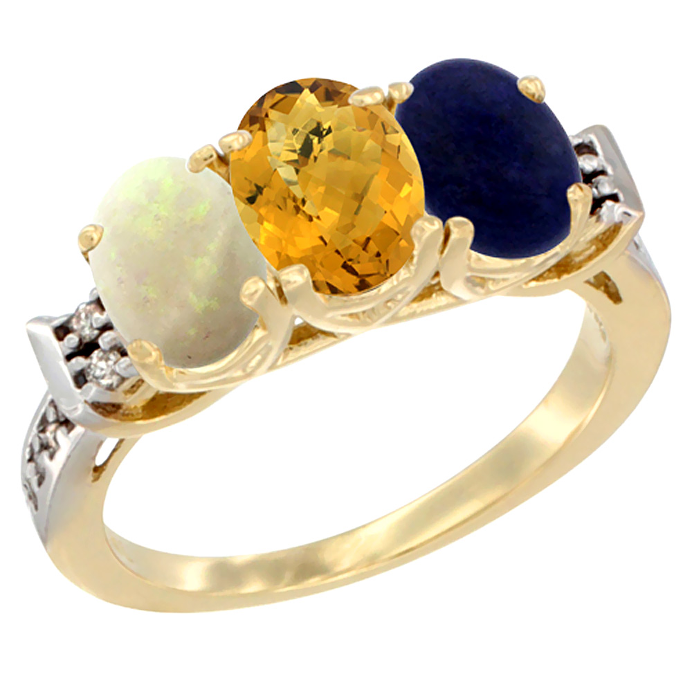 10K Yellow Gold Natural Opal, Whisky Quartz & Lapis Ring 3-Stone Oval 7x5 mm Diamond Accent, sizes 5 - 10