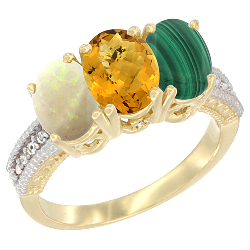 14K Yellow Gold Natural Opal, Whisky Quartz & Malachite Ring 3-Stone 7x5 mm Oval Diamond Accent, sizes 5 - 10
