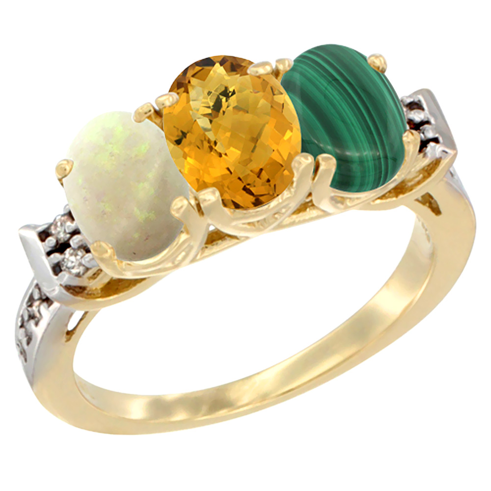 10K Yellow Gold Natural Opal, Whisky Quartz & Malachite Ring 3-Stone Oval 7x5 mm Diamond Accent, sizes 5 - 10