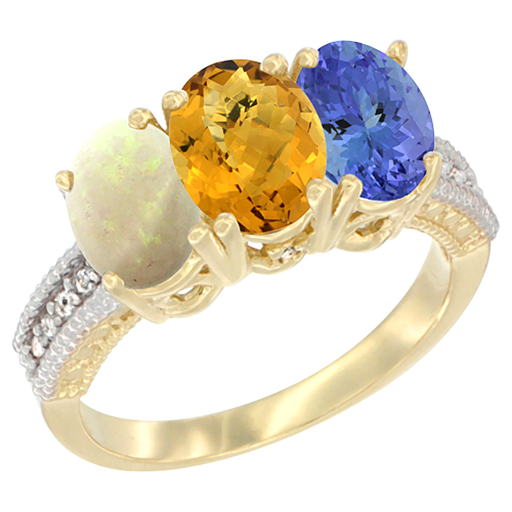 14K Yellow Gold Natural Opal, Whisky Quartz & Tanzanite Ring 3-Stone 7x5 mm Oval Diamond Accent, sizes 5 - 10