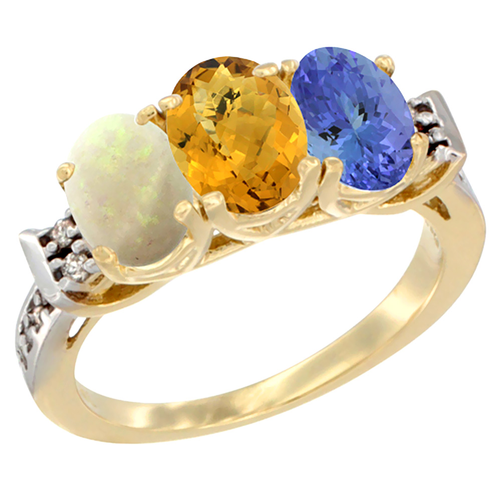 10K Yellow Gold Natural Opal, Whisky Quartz & Tanzanite Ring 3-Stone Oval 7x5 mm Diamond Accent, sizes 5 - 10