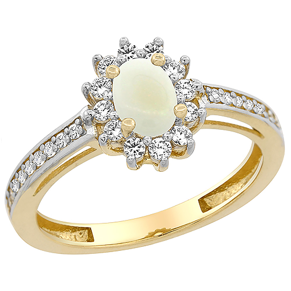 14K Yellow Gold Natural Opal Flower Halo Ring Oval 6x4mm Diamond Accents, sizes 5 - 10