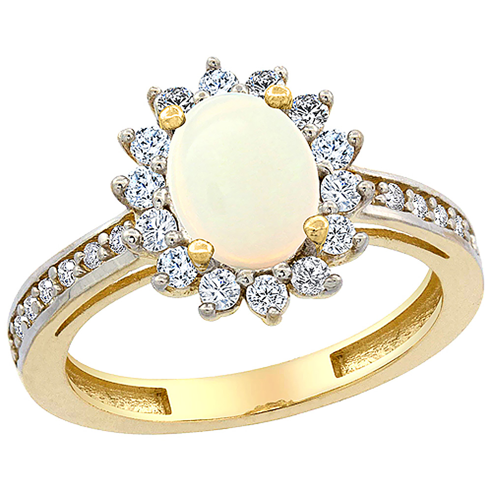14K Yellow Gold Natural Opal Floral Halo Ring Oval 8x6mm Diamond Accents, sizes 5 - 10