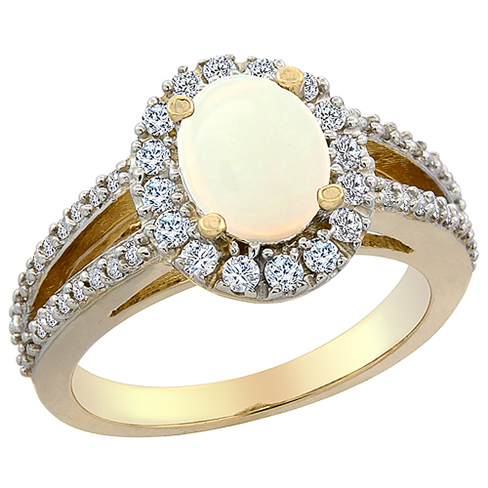 14K Yellow Gold Natural Opal Halo Ring Oval 8x6 mm with Diamond Accents, sizes 5 - 10