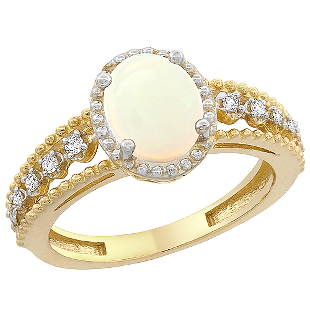 14K Yellow Gold Natural Opal Ring Oval 9x7 mm Floating Diamond Accents, sizes 5 - 10
