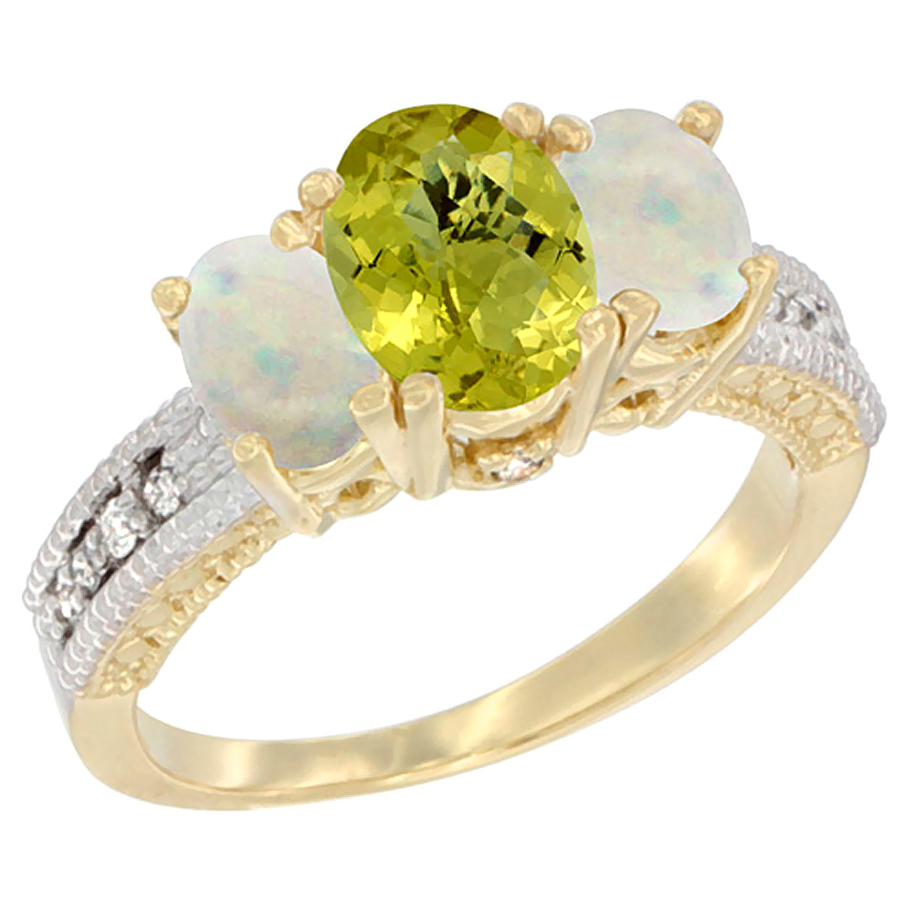 10K Yellow Gold Diamond Natural Lemon Quartz Ring Oval 3-stone with Opal, sizes 5 - 10