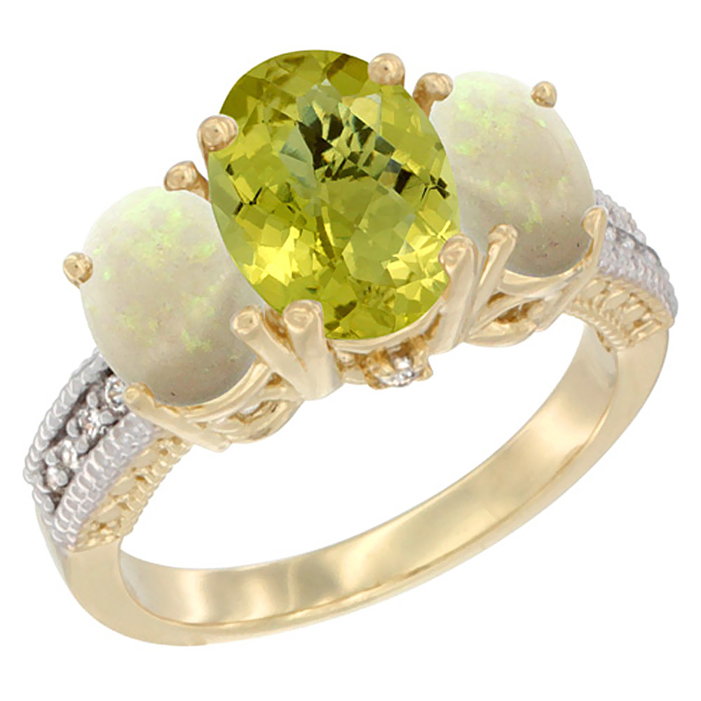 14K Yellow Gold Diamond Natural Lemon Quartz Ring 3-Stone Oval 8x6mm with Opal, sizes5-10