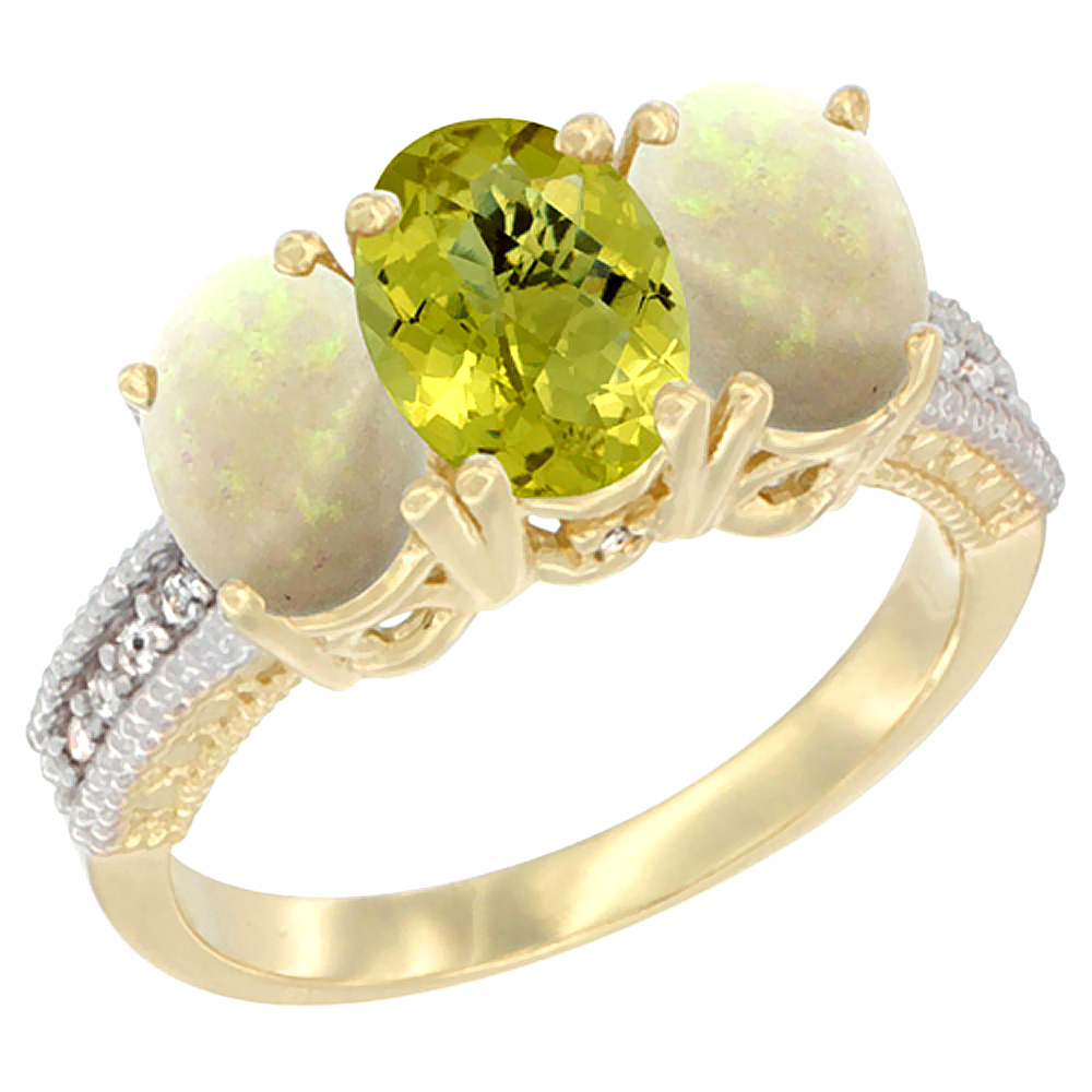 14K Yellow Gold Natural Lemon Quartz &amp; Opal Sides Ring 3-Stone 7x5 mm Oval Diamond Accent, sizes 5 - 10