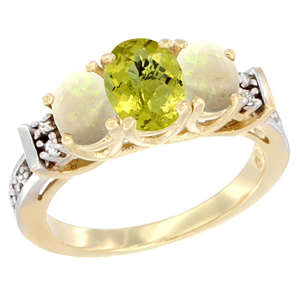 10K Yellow Gold Natural Lemon Quartz & Opal Ring 3-Stone Oval Diamond Accent