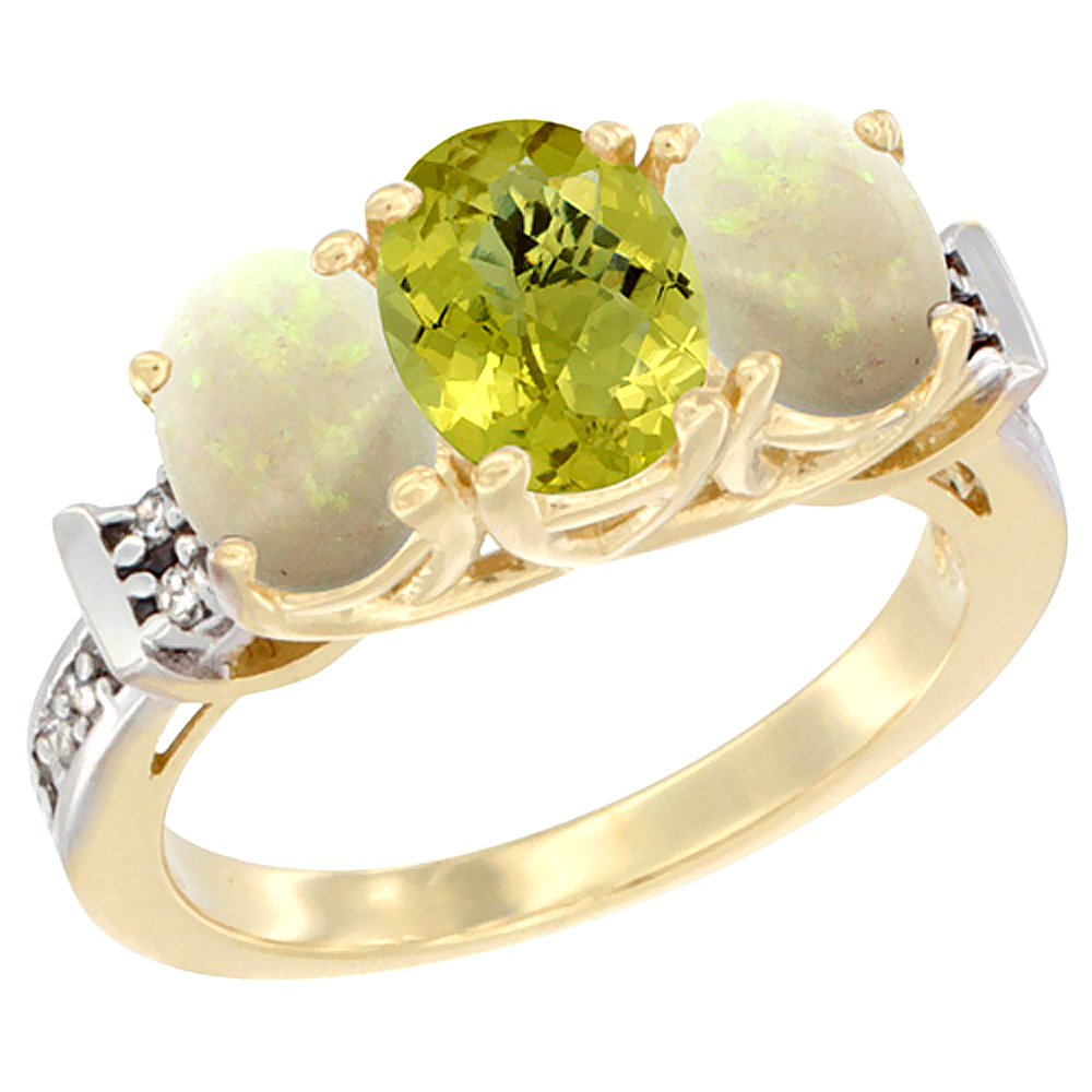 10K Yellow Gold Natural Lemon Quartz & Opal Sides Ring 3-Stone Oval Diamond Accent, sizes 5 - 10
