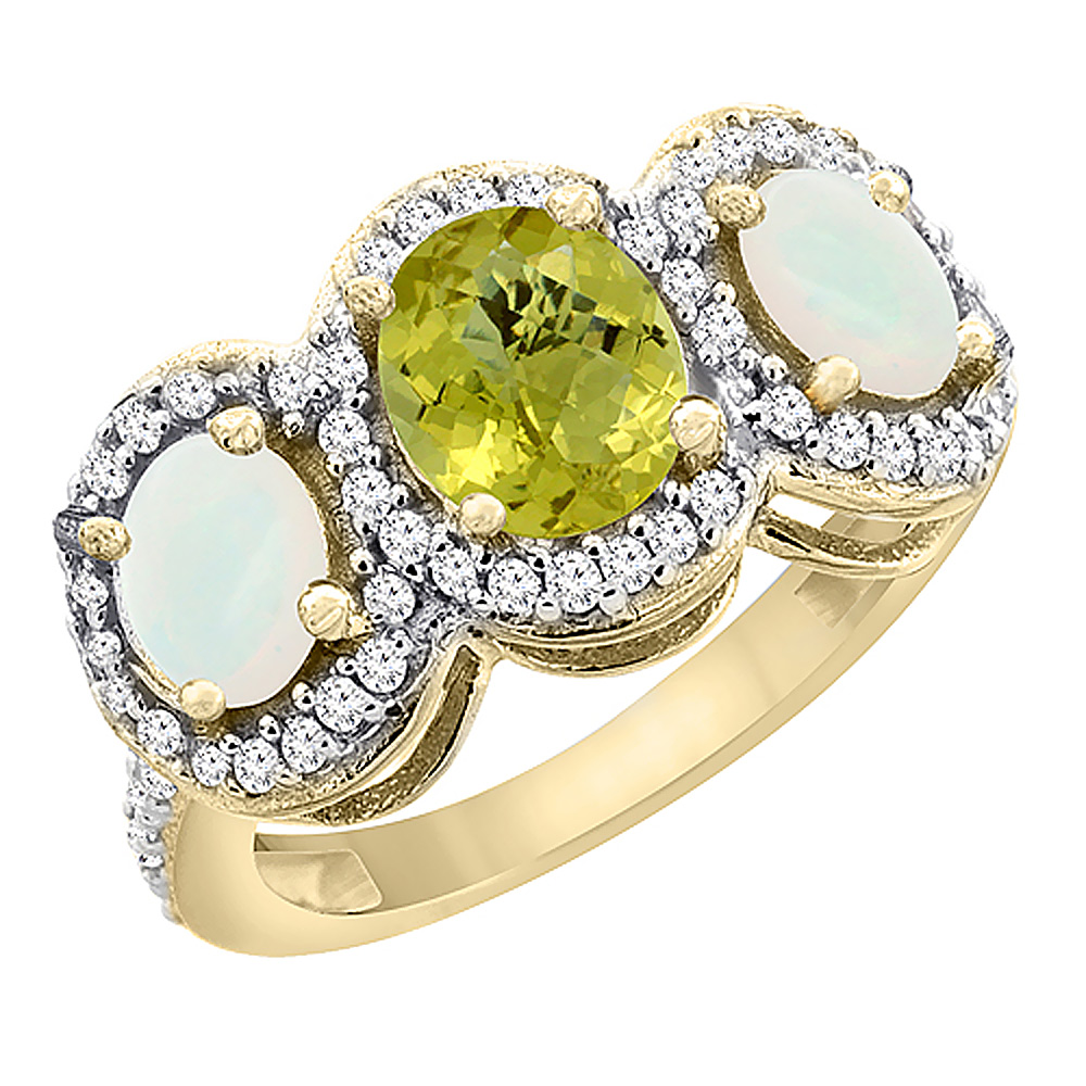 14K Yellow Gold Natural Lemon Quartz & Opal 3-Stone Ring Oval Diamond Accent, sizes 5 - 10