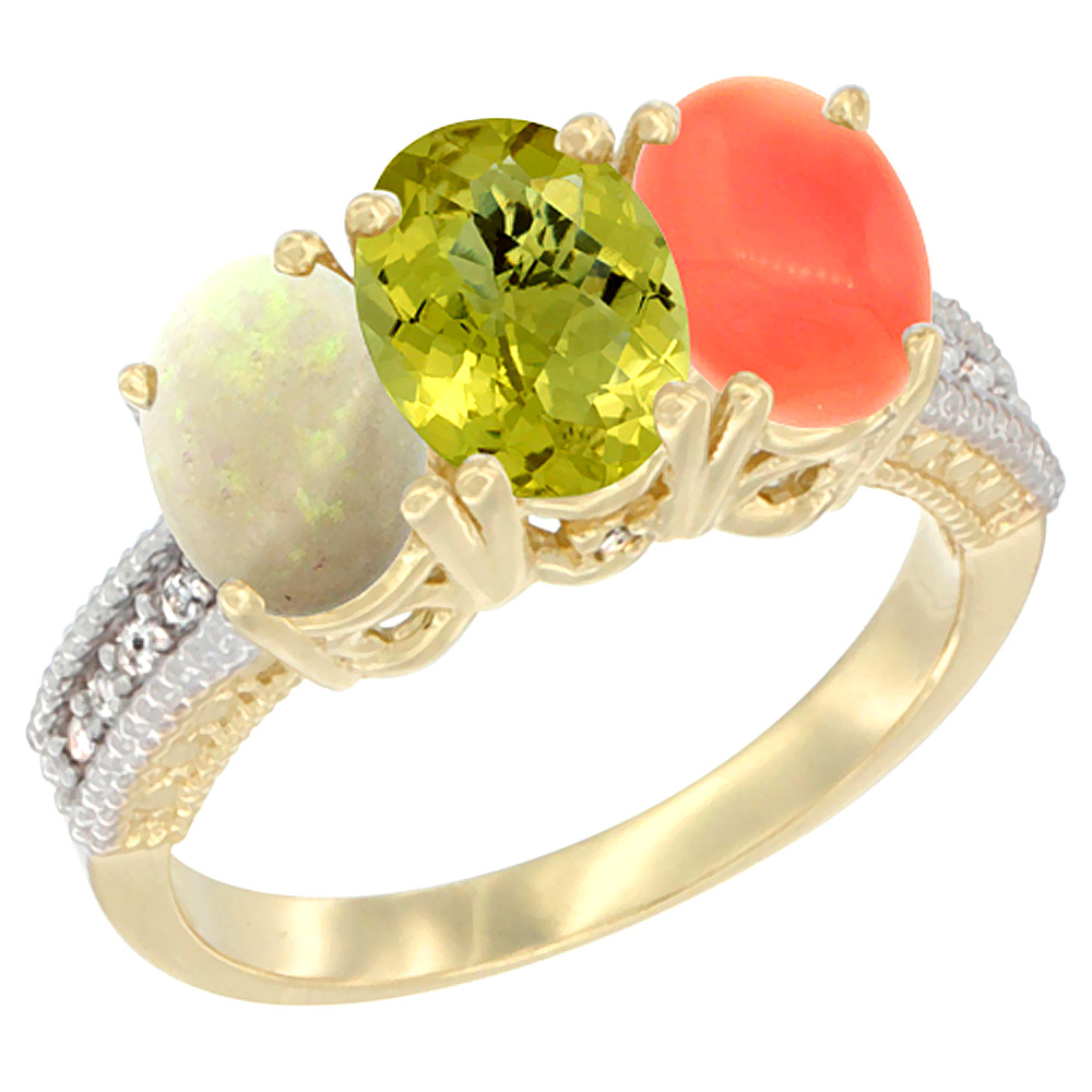 10K Yellow Gold Diamond Natural Opal, Lemon Quartz &amp; Coral Ring 3-Stone 7x5 mm Oval, sizes 5 - 10