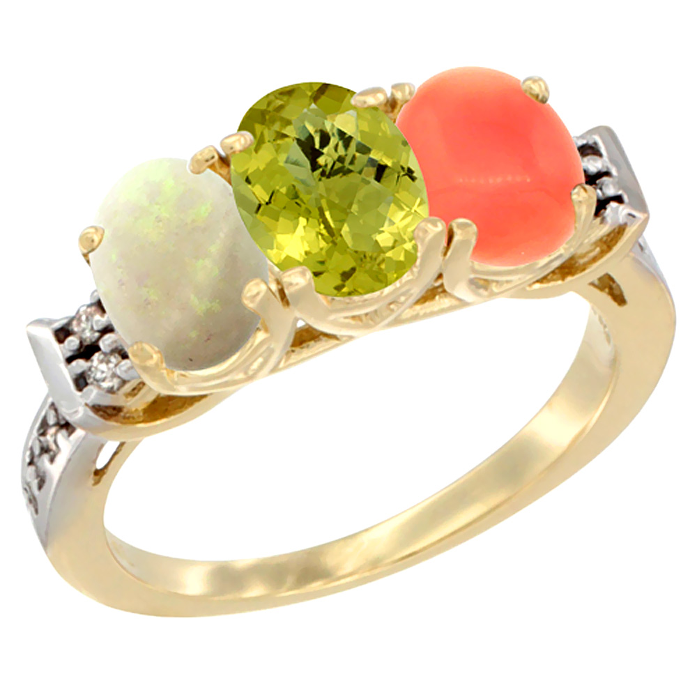 10K Yellow Gold Natural Opal, Lemon Quartz & Coral Ring 3-Stone Oval 7x5 mm Diamond Accent, sizes 5 - 10