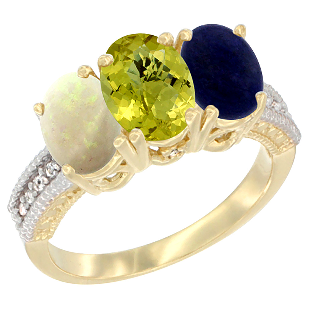10K Yellow Gold Diamond Natural Opal, Lemon Quartz &amp; Lapis Ring 3-Stone 7x5 mm Oval, sizes 5 - 10