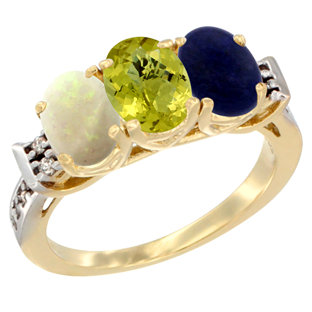 10K Yellow Gold Natural Opal, Lemon Quartz & Lapis Ring 3-Stone Oval 7x5 mm Diamond Accent, sizes 5 - 10