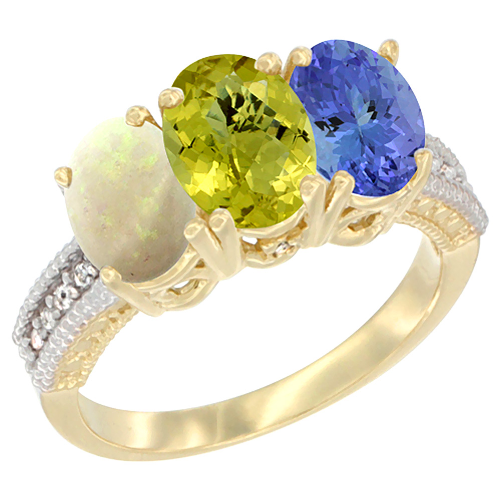 14K Yellow Gold Natural Opal, Lemon Quartz &amp; Tanzanite Ring 3-Stone 7x5 mm Oval Diamond Accent, sizes 5 - 10