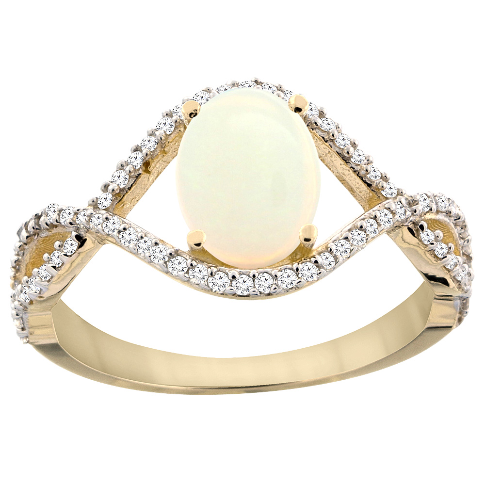 10K Yellow Gold Natural Opal Ring Oval 8x6 mm Infinity Diamond Accents, sizes 5 - 10
