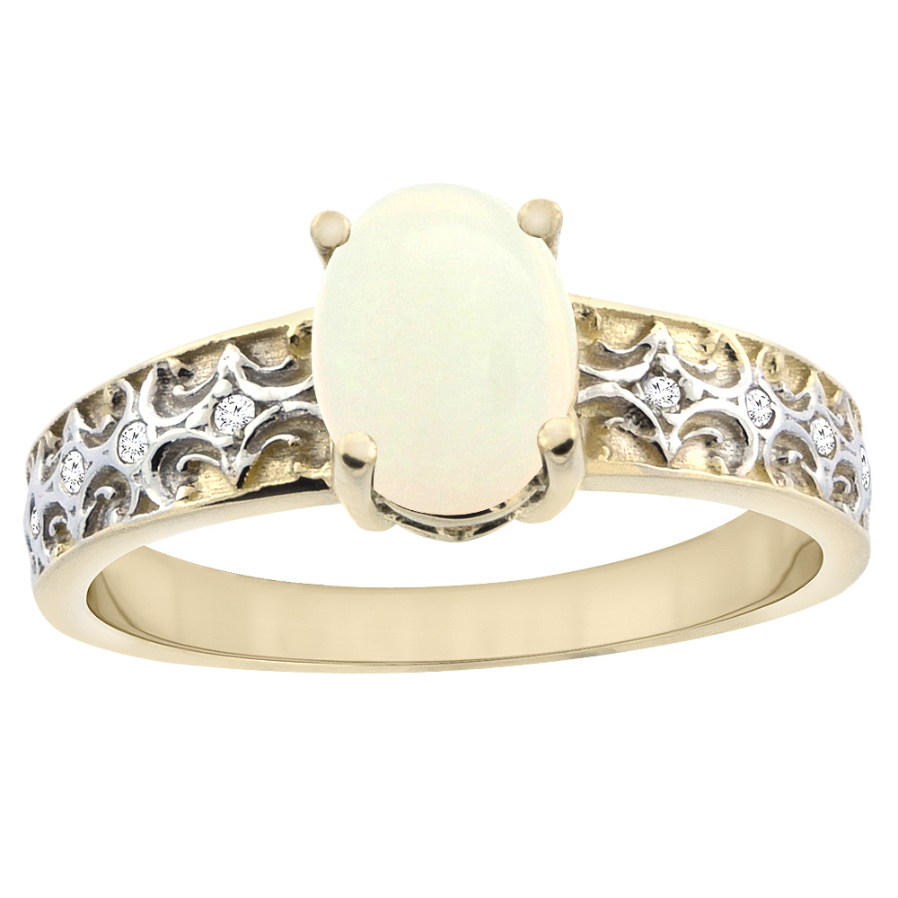 10K Yellow Gold Natural Opal Ring Oval 8x6 mm Diamond Accents, sizes 5 - 10