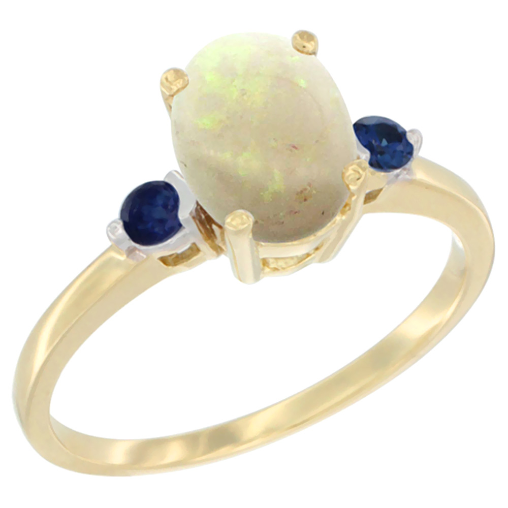14K Yellow Gold Natural Opal Ring Oval 9x7 mm Blue Sapphire Accent, sizes 5 to 10