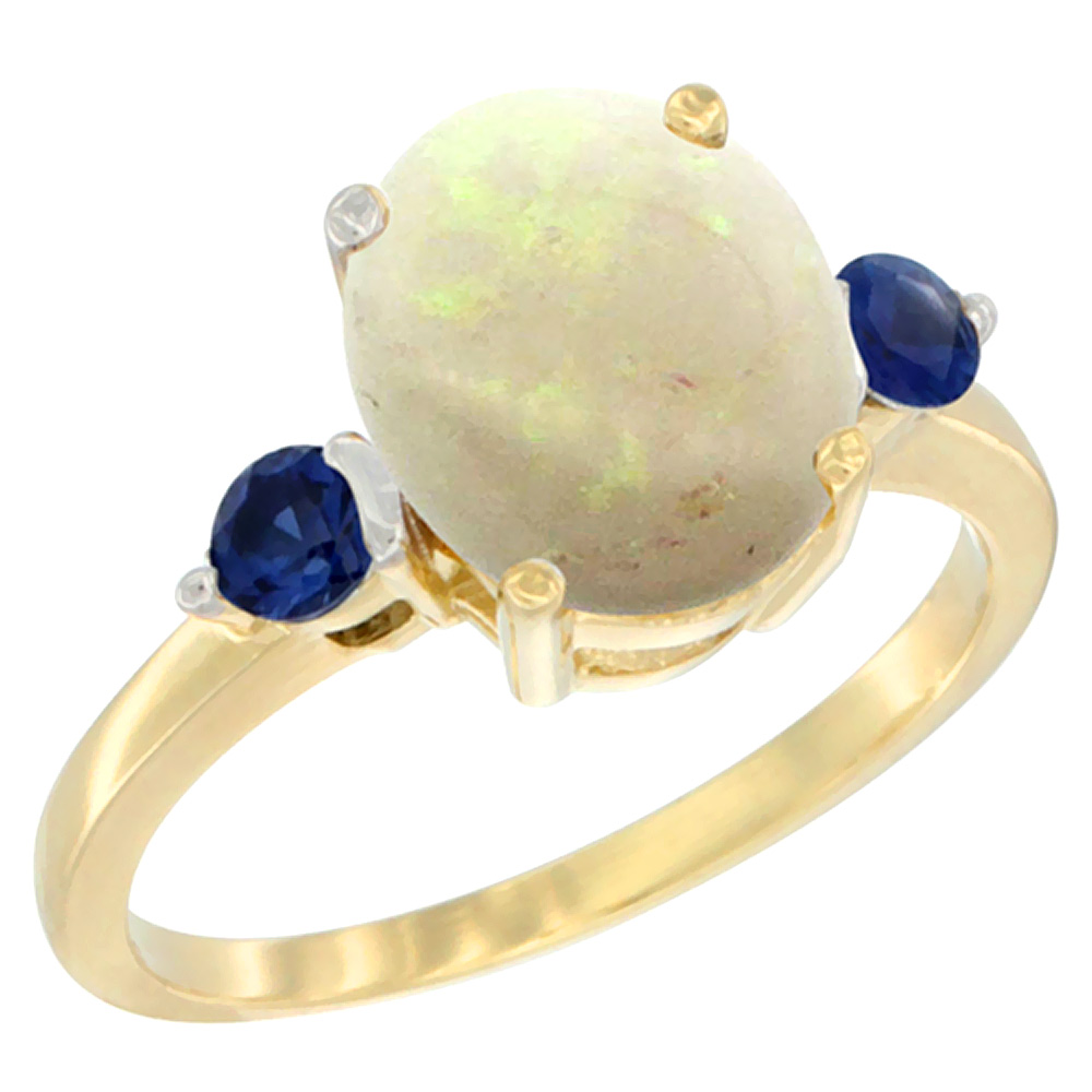 14K Yellow Gold 10x8mm Oval Natural Opal Ring for Women Blue Sapphire Side-stones sizes 5 - 10