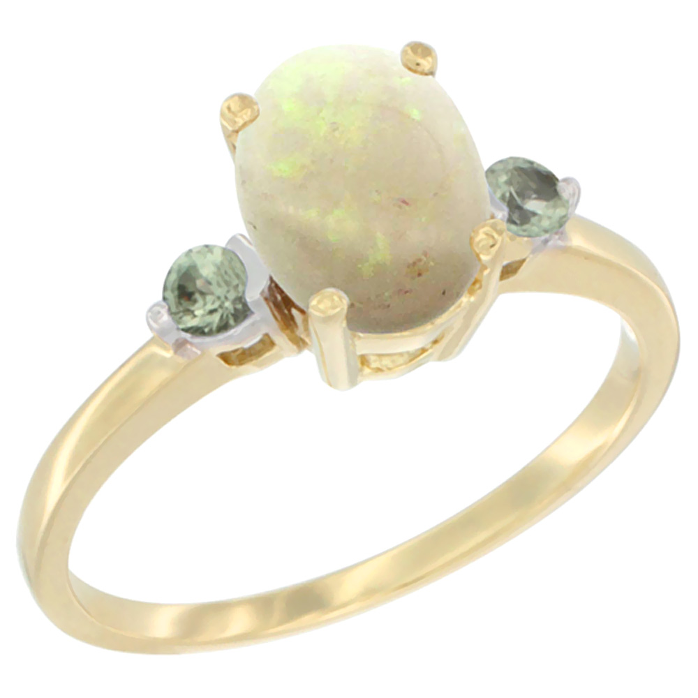 14K Yellow Gold Natural Opal Ring Oval 9x7 mm Green Sapphire Accent, sizes 5 to 10