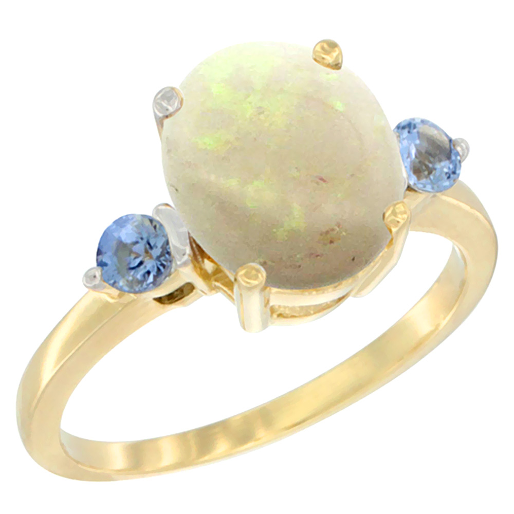 14K Yellow Gold 10x8mm Oval Natural Opal Ring for Women Light Blue Sapphire Side-stones sizes 5 - 10