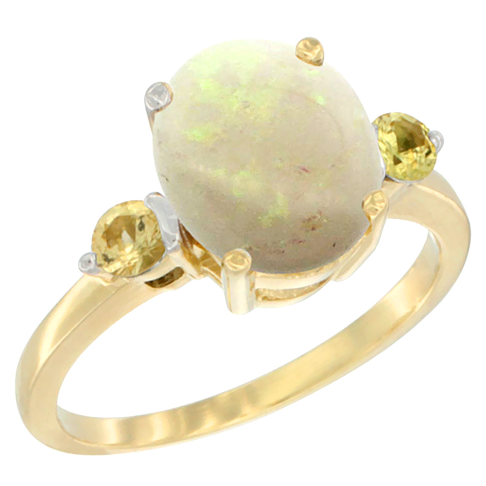 10K Yellow Gold 10x8mm Oval Natural Opal Ring for Women Yellow Sapphire Side-stones sizes 5 - 10