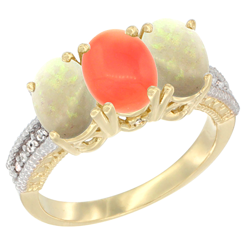 14K Yellow Gold Natural Coral & Opal Sides Ring 3-Stone 7x5 mm Oval Diamond Accent, sizes 5 - 10