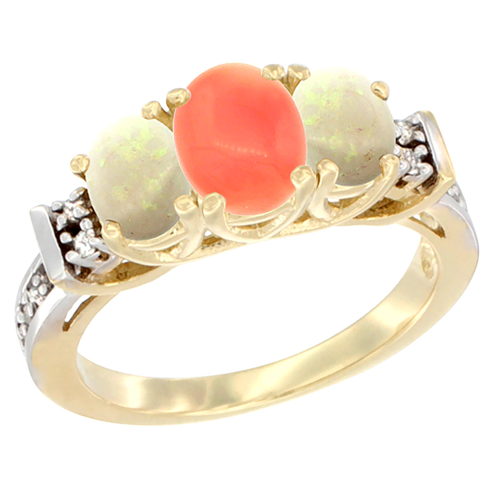 10K Yellow Gold Natural Coral & Opal Ring 3-Stone Oval Diamond Accent