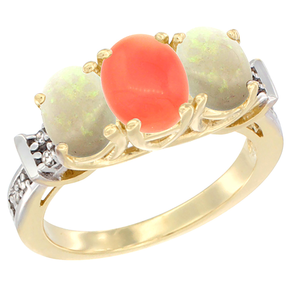 14K Yellow Gold Natural Coral & Opal Sides Ring 3-Stone Oval Diamond Accent, sizes 5 - 10