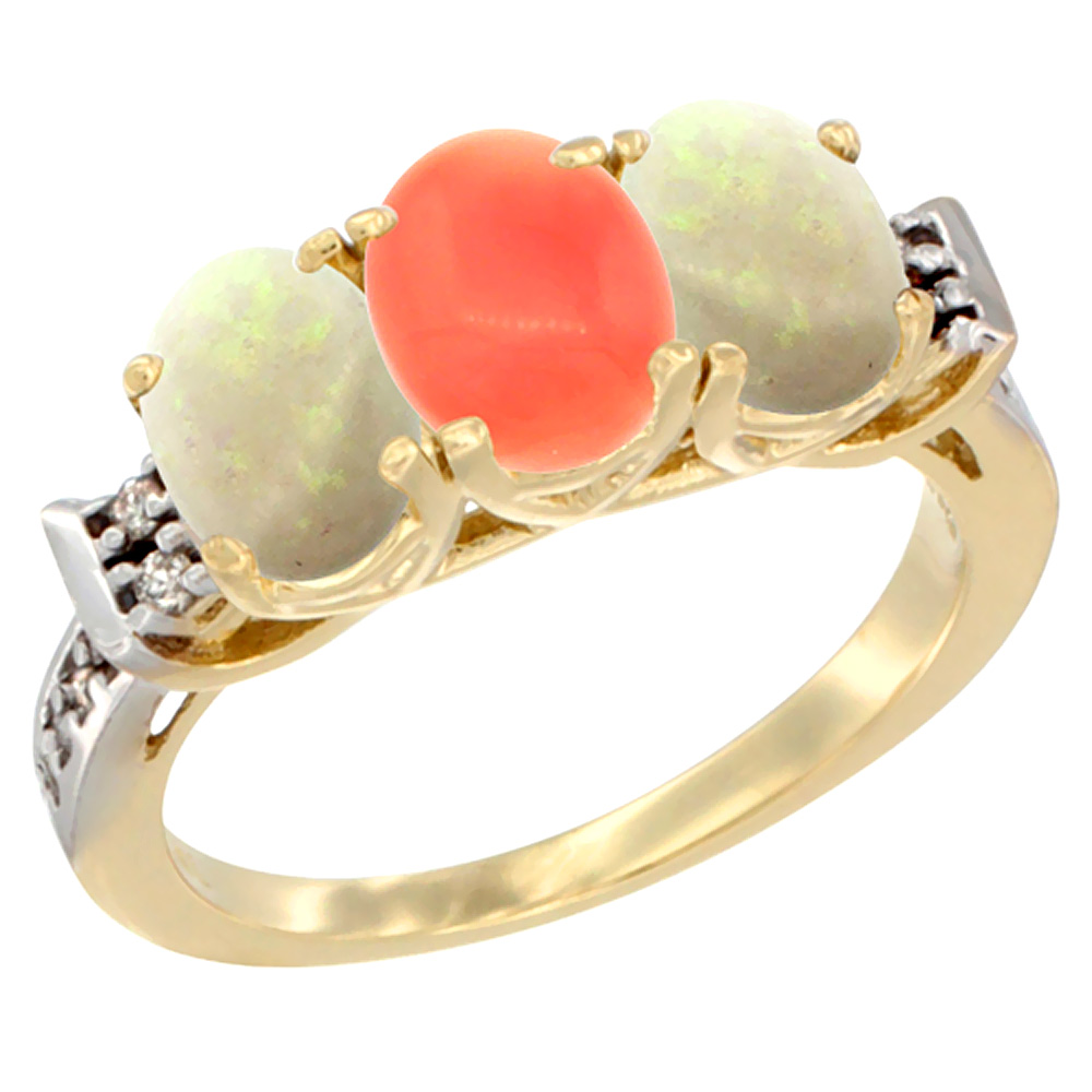10K Yellow Gold Natural Coral & Opal Sides Ring 3-Stone Oval 7x5 mm Diamond Accent, sizes 5 - 10