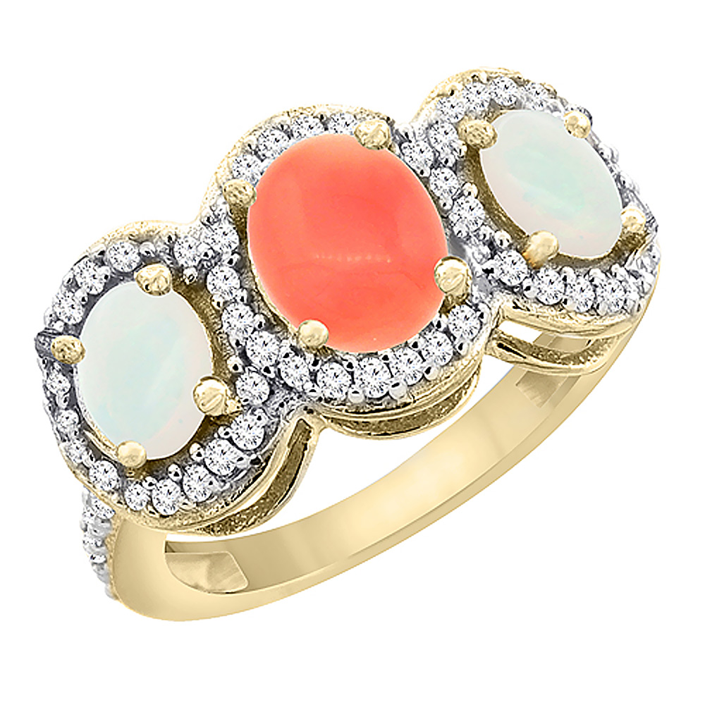 10K Yellow Gold Natural Coral &amp; Opal 3-Stone Ring Oval Diamond Accent, sizes 5 - 10