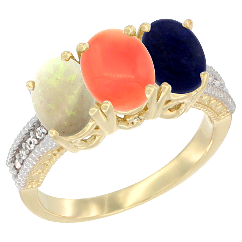 10K Yellow Gold Diamond Natural Opal, Coral & Lapis Ring 3-Stone 7x5 mm Oval, sizes 5 - 10