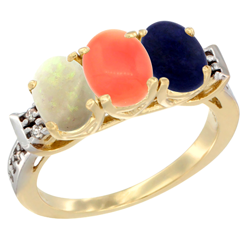 14K Yellow Gold Natural Opal, Coral &amp; Lapis Ring 3-Stone Oval 7x5 mm Diamond Accent, sizes 5 - 10