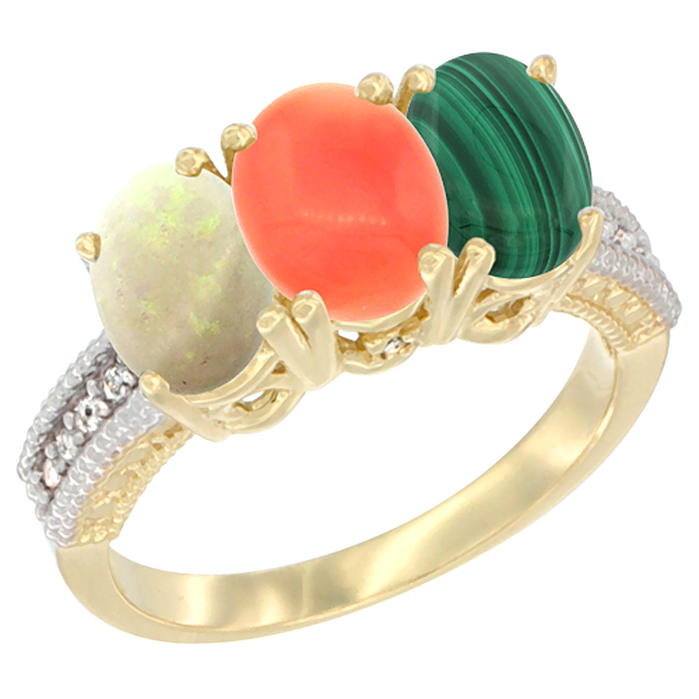 14K Yellow Gold Natural Opal, Coral &amp; Malachite Ring 3-Stone 7x5 mm Oval Diamond Accent, sizes 5 - 10