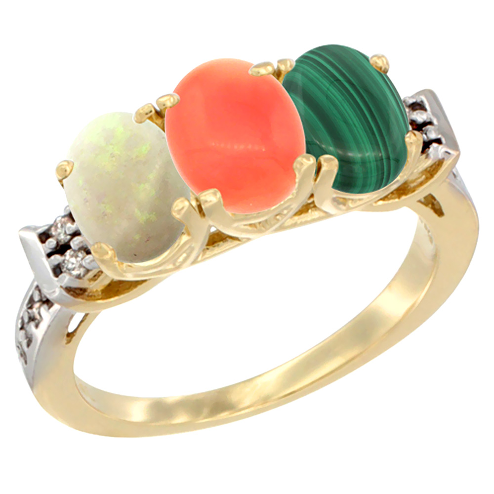 14K Yellow Gold Natural Opal, Coral &amp; Malachite Ring 3-Stone Oval 7x5 mm Diamond Accent, sizes 5 - 10