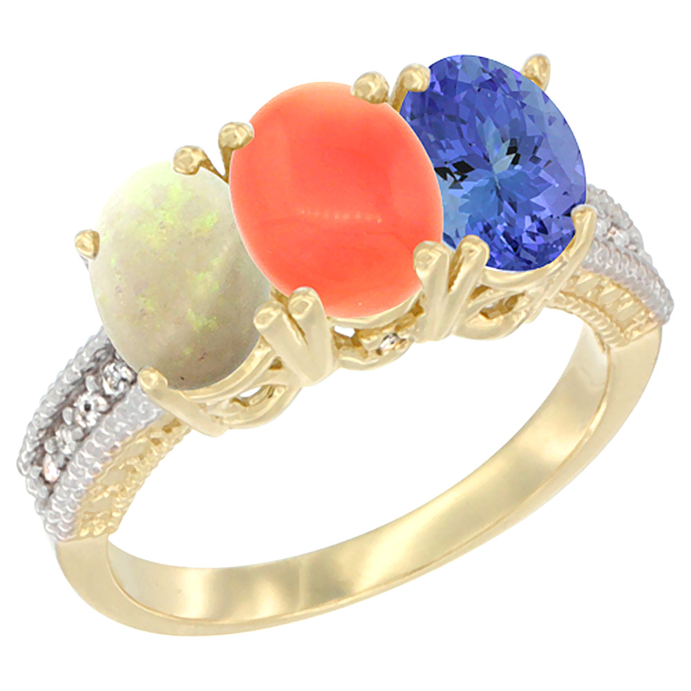 10K Yellow Gold Diamond Natural Opal, Coral &amp; Tanzanite Ring 3-Stone 7x5 mm Oval, sizes 5 - 10
