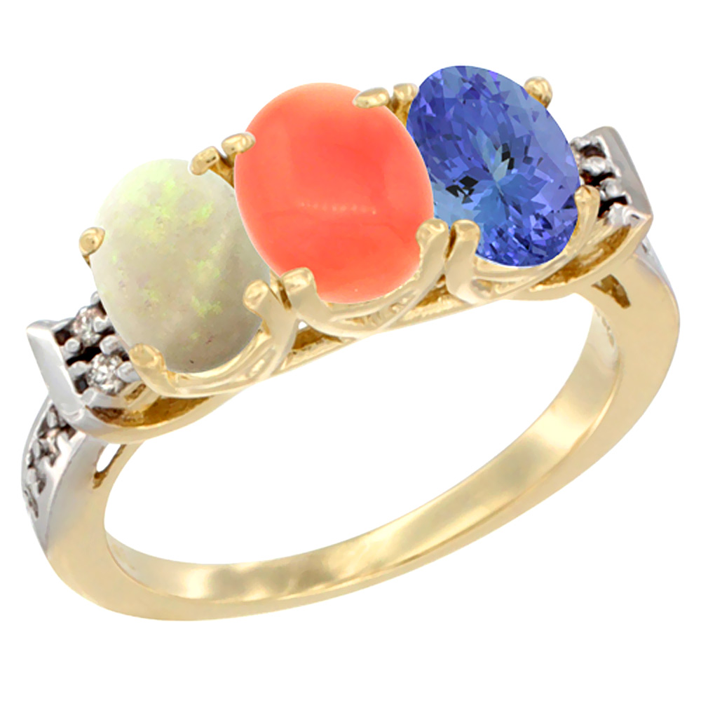 14K Yellow Gold Natural Opal, Coral &amp; Tanzanite Ring 3-Stone Oval 7x5 mm Diamond Accent, sizes 5 - 10