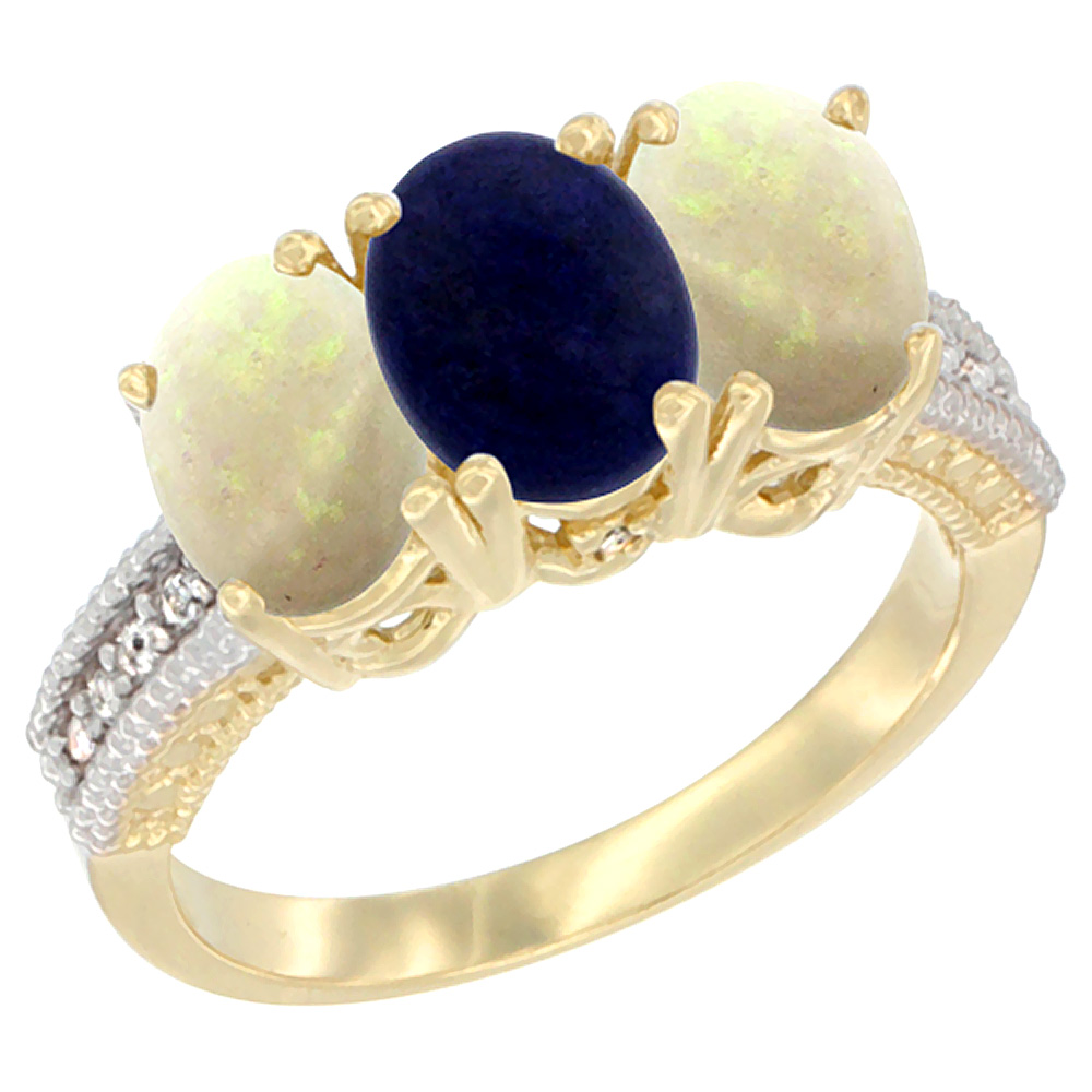 14K Yellow Gold Natural Lapis & Opal Sides Ring 3-Stone 7x5 mm Oval Diamond Accent, sizes 5 - 10
