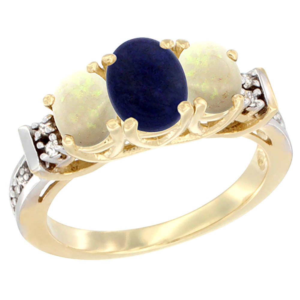 14K Yellow Gold Natural Lapis & Opal Ring 3-Stone Oval Diamond Accent
