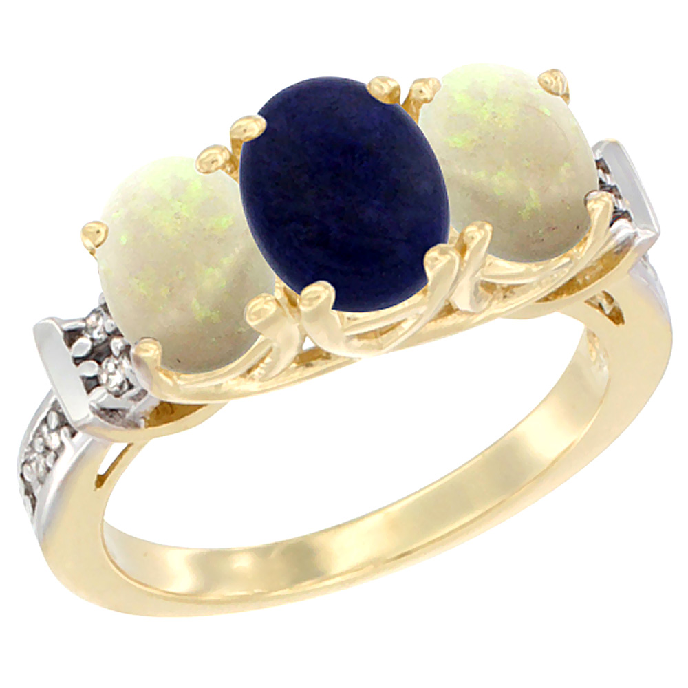 14K Yellow Gold Natural Lapis &amp; Opal Sides Ring 3-Stone Oval Diamond Accent, sizes 5 - 10