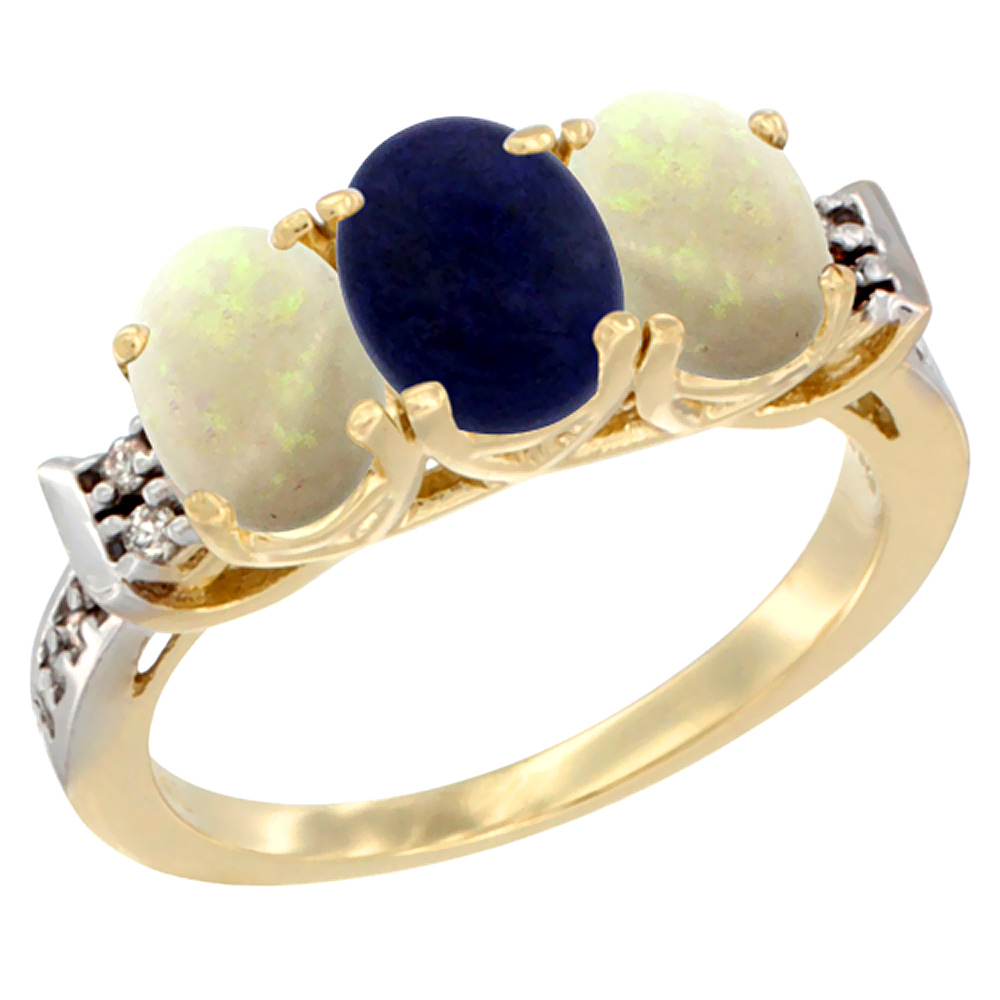 10K Yellow Gold Natural Lapis &amp; Opal Sides Ring 3-Stone Oval 7x5 mm Diamond Accent, sizes 5 - 10