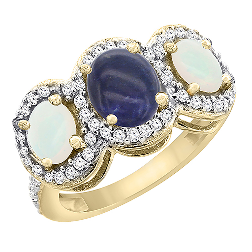 14K Yellow Gold Natural Lapis & Opal 3-Stone Ring Oval Diamond Accent, sizes 5 - 10