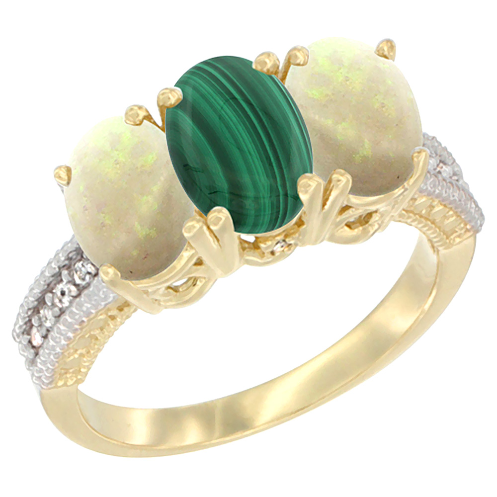 14K Yellow Gold Natural Malachite &amp; Opal Sides Ring 3-Stone 7x5 mm Oval Diamond Accent, sizes 5 - 10