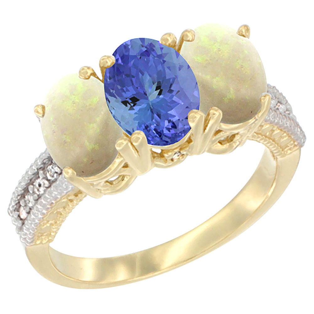 14K Yellow Gold Natural Tanzanite & Opal Sides Ring 3-Stone 7x5 mm Oval Diamond Accent, sizes 5 - 10