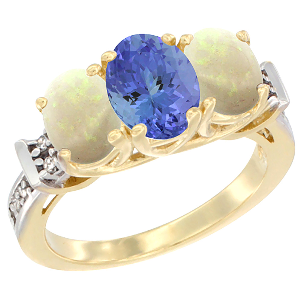 14K Yellow Gold Natural Tanzanite & Opal Sides Ring 3-Stone Oval Diamond Accent, sizes 5 - 10